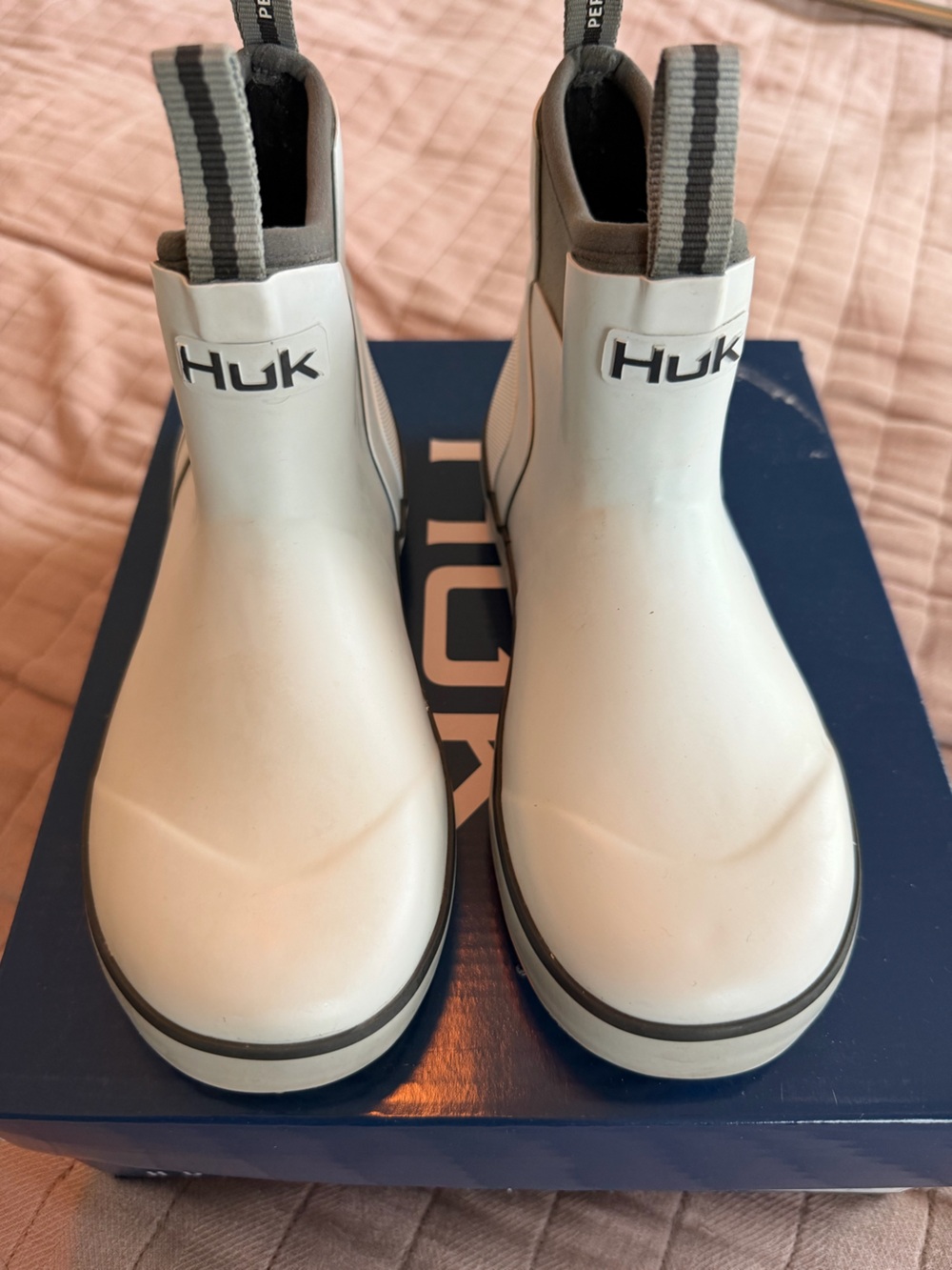 Huk White and Gray kids Slip-On Rain/ fishing Boots